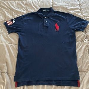 POLO RALPH LAUREN BIG PONY SHIRT Cotton NAVY BLUE w RED PONY USA FLAG On sleeve